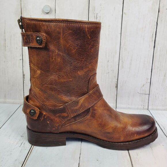 Frye 'Veronica' Back Zip Moto Boot Brown Women's Size 7B Leather Distressed GUC - Picture 4 of 16